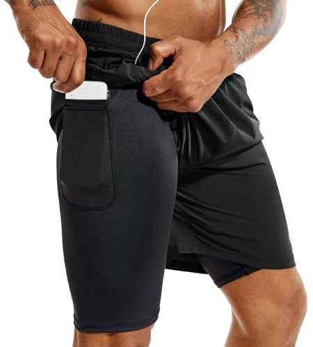 TENJOY Herr 2-i-1 löparshorts 12,7 cm eller 17,8 cm snabbtorkande gym atletiska träningsshorts för män med telefonfickor, Svart, L