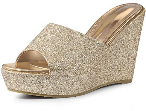Allegra K Sandales à talons compensés à enfiler à plateforme scintillante pour femmes Or 40
