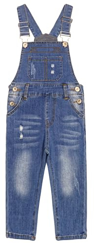 KIDSCOOL SPACE Ragazzini Jeans Slim Fit, Salopette Strappata con Tasca Grande, Salopette di Jeans alla Moda, Azzurro, 5-6 Anni