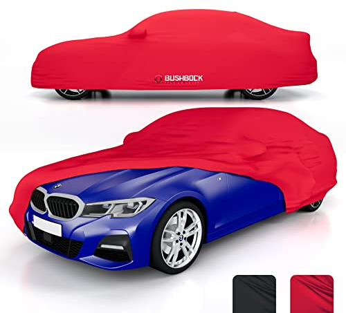 BUSHBOCK Premium Funda de Coche para Uso Interior Compatible con los Principales Modelos Coupé, Tejido Elástico, Transpirable y Antipolvo, Suave al Tacto, Ajuste (L, Rojo)