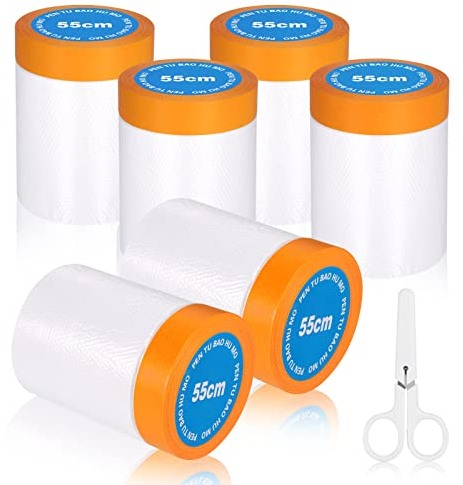 Hejo 6 Rollen Abdeckfolie mit Klebeband, Abdeckfolie Maler, Malerfolie, mit Schere, 20m x 55cm Transparent Klebeband mit Folie für Wandfarbe, Autolack, Dekoration, Möbelverkleidung