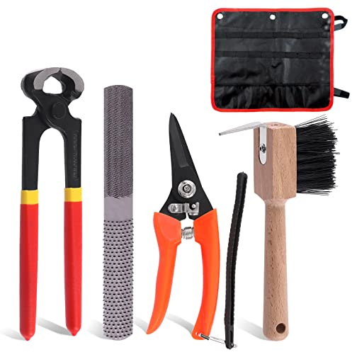 Glarks Kit d'outils professionnels de maréchal 5 pièces, pince à sabot, râpe pour sabot, cisaille de sabot, brosse à sabot avec sac de rangement, râpe coupe-sabot, fournitures équestres pour chevaux,