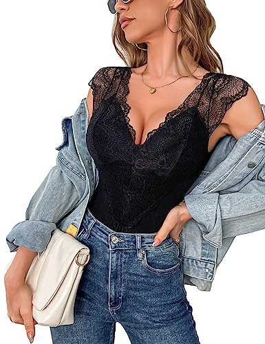 Aranmei Bodysuit for Women Sexy Lace Body Suit Sleeve Ladies Sexy Leotard Top with Snap Closure Going Out Casual Top, Black, M