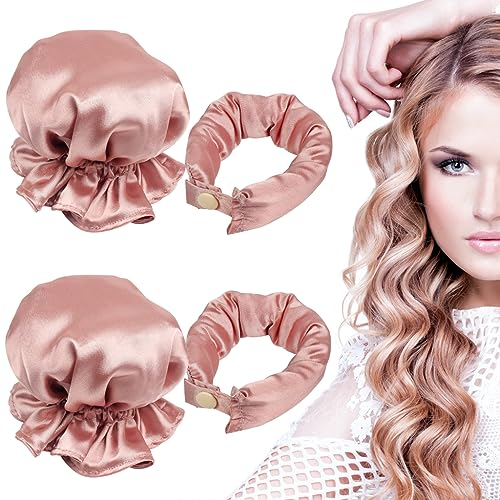 Heatless Curlers,No Heat Hair Curling Rod with Soft Satin Curling Caps for Long & Medium Hair Sleep In Curling Kits of 2 Pieces for Women Girls (Pink)