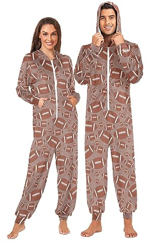 Ollabaky American Football Pattern Adult Pajamas for Men Women Costume One-Piece Sleepwear Jumpsuit Matching Pjs, XL Multi