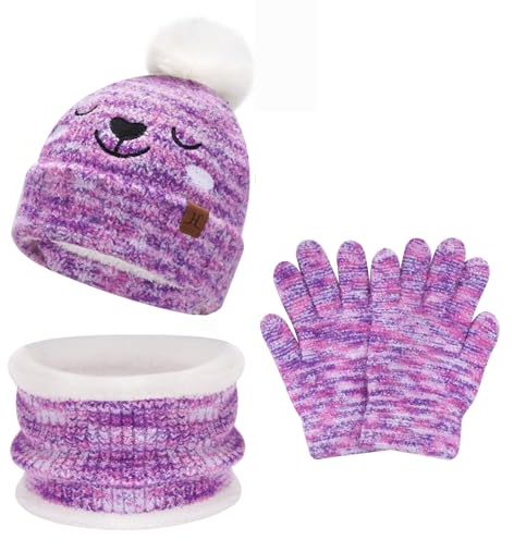 Bequemer Laden Invernale Bambino Sciarpa Guanti Cappello con Pon Pon, Termico Berretto Scaldacollo Manopole per 0-4 Anni Bambini Piccoli 5-8 Anni Bambina Bimbo