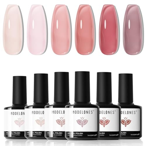 modelones Jelly Gel Nail Polish, 6 Colors Nude Gel Polish Milky White Pink Red Neutral Nail Art Design Translucent Kits Soak Off LED Nail Lamp Manicure Salon DIY Girls Women Gift