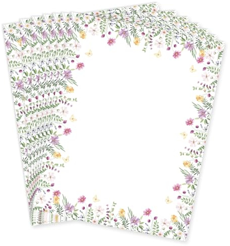 60 Sheets Floral Stationery Paper Watercolor Wildflower Butterfly Border Letterhead Spring Letter Writing Paper Double-sided for Notes Greeting Cards Invitation Office School Printing, 8.5 x 11 Inch