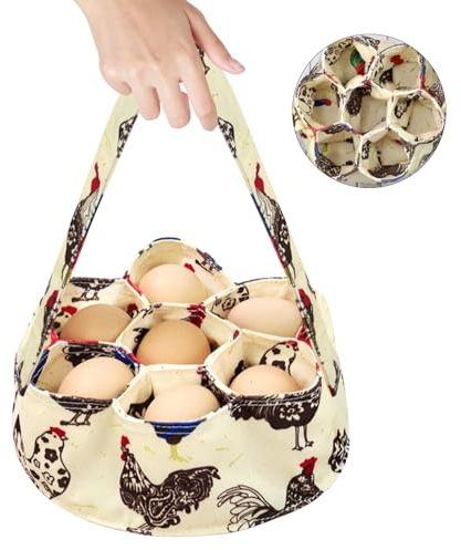 20cm Cesta de Recogida de Huevos con 7 Bolsas, Cesta de Recogida de Huevos de Tela Portátil, Bolsas de Recogida de Huevos con Mango, Cesta de Recolección de Huevos para Recoger Huevos Frescos (Beige)
