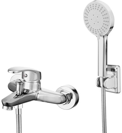 Wall Mounted Bath Mixer Tap Set Exposed Bathtub Faucet with 3-Spray Handheld Sprayer Bathroom Tub Mixer Tap Monobloc Bath Shower Filler Tap Chrome Shower Faucet with Shower Head, Holder, 1.5M Hose