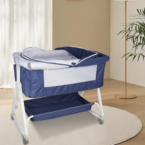 HUOLE Cuna Bebé y Moisés 2 en 1, 0-36 Meses (0-30 kg), Cuna Colecho Bebé Reclinable, 6 Alturas, Colchón Grande, Laterales de Malla, Lateral Deslizable de Fácil Plegado-92 * 52 * 106-118cm-azul Marino