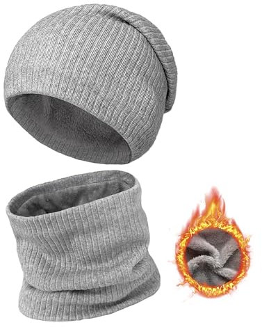 ehsbuy Wintermütze und Loop Schal Set Herren Warme Strickmützen Schlauchschal Warmer Gestrickter Kreis Schal mit Thermo Dicke Fleece Futter Geschenke für Herren Damen