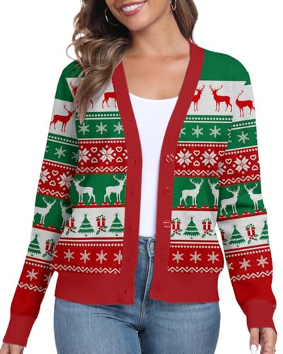 PrinStory Cardigan da donna aperto davanti lavorato a maglia a maniche lunghe maglione casual con bottoni donna a maniche lunghe cardigan, Natale rosso, M