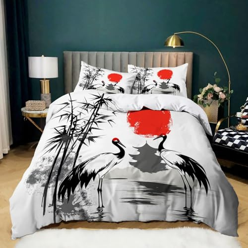 Parure de Lit 180x200 cm Japonais, Housse de Couette 2 Personnes Motif Grue Bambou et Soleil Rouge, Blanc Parure de Lit Microfibre Douce avec Fermeture Éclair et 2 Taies d'oreiller 65x65 cm