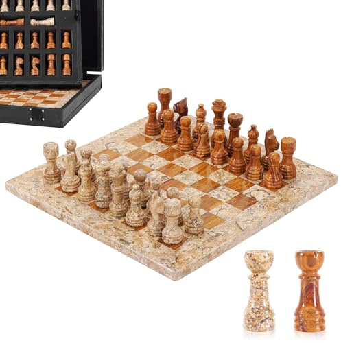 Gioco di scacchi in marmo 25,4 cm fatto a mano scatola di stoccaggio, scacchi da viaggio classici per adulti con 2 regine extra, regalo elegante per la decorazione