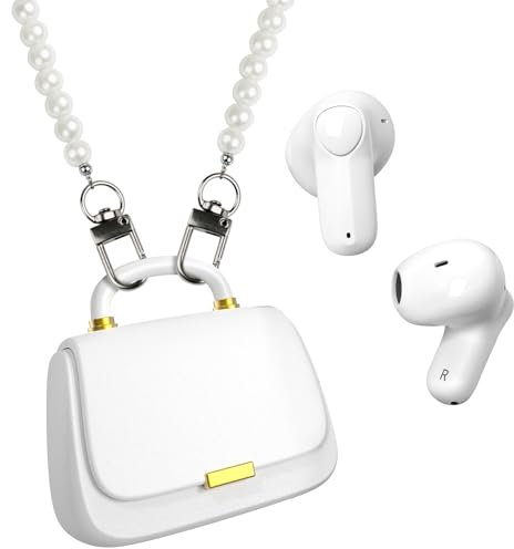 ANCwear Écouteurs True Wireless Bluetooth, Intra-Auriculaires 13 mm, Son Premium, 22h autonomie, étui Mini Sac à Main avec chaîne croisée en Perles, Parfaits pour Femmes et Adolescentes à la Mode