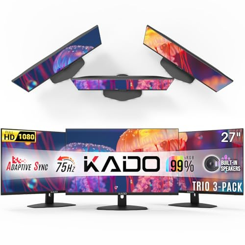Kado Triple Monitor 3er Pack 27 Zoll 1920 x 1080 75Hz FHD Computermonitor | HDMI Office Gaming Hybrid Desk Setup, VESA Wandhalterung Arm Mount Integrierte Lautsprecher, Panorama-Display Multitasking