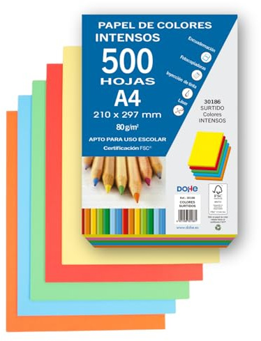 Dohe - Folios Color Intenso (500 uds.) - 5 Colores Surtidos, Papeles A4 (21x29,7 cm), Grosor 80 gr/m², Hojas para Imprimir, Dibujo, Manualidades, Decoración, Encuadernación