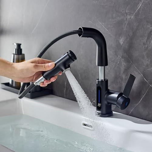 LakeBayMZC Waschtischarmatur mit LED Temperaturanzeige Ausziehbar Wasserhahn Bad,Einhebelmischer Badarmatur Waschbeckenarmatur für mit 3 Wasserstrahlarten,Schwarz Matt