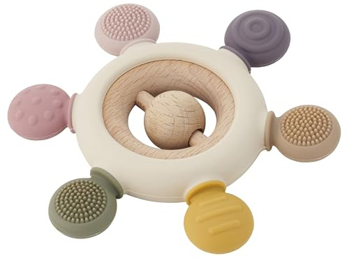 tickit Silisoft Rattle Teether | Sensory Baby Teether with Textured, Food-Grade Silicone and Natural Beechwood | Removable Wooden Rattle for Teething Relief and Development