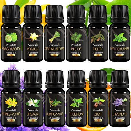 Aromaholik 12er Set Ätherische Öle BIO 100% naturrein – Aromatherapie & Wellness – Essential Oil Set 12 × 10ml, zertifiziertes Öl aus Indien