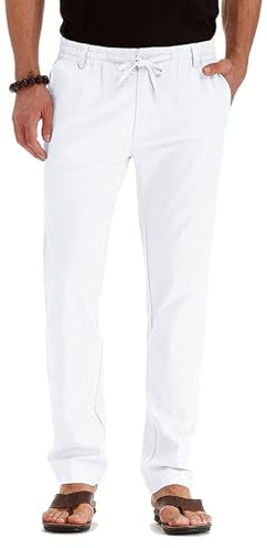 Aro Lora Pantaloni Casual da Uomo in Cotone Leggeri Allentati da Spiaggia da Yoga a Gamba Larga da Sport Pantaloni in Finto Lino Bianco XL