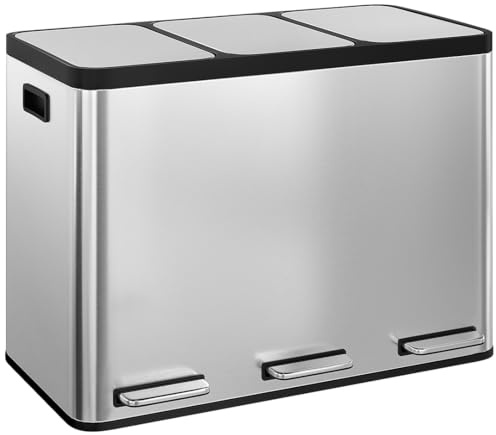 STEELSØN Epsilon Mülleimer 3 Fächer, 3x15L, Edelstahl Silber, Soft-Close | Mülltrennsystem Küche, Tretmülleimer mit Deckel, Abfalleimer, herausnehmbare Inneneimer, Recycling & Restmüll, Mülltrenner