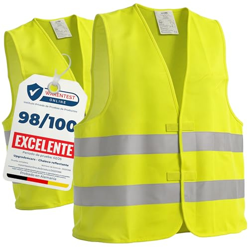 Upgrade4cars Chaleco Reflectante Coche homologado DGT Pack de 4 Alta Visibilidad Amarillo flúor | EN ISO 20471 CE | Hombre Mujer Talla única Regulable hasta XXL para Familia y Varios vehículos