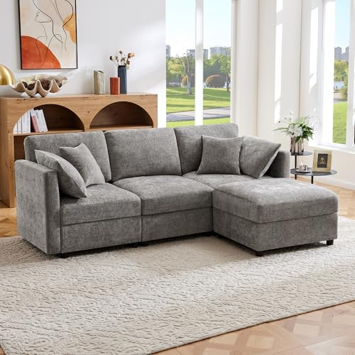Doyisy Sofá de esquina en forma de L con reposapiés, sofá cama convertible de 3 plazas, 4 almohadas, reposabrazos ajustables, cómoda tela de chenilla, adecuado para sala de estar, oficina, apartamento