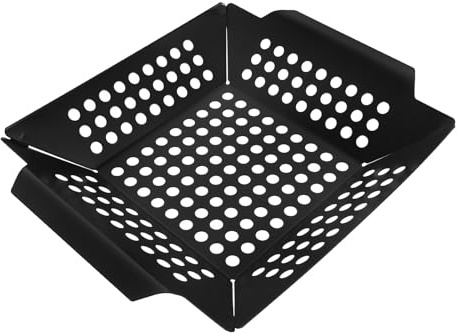 BESPORTBLE Panier à Griller Carré 20,5x25x4 Cm en Fer Noir 0,7 Mm Revêtement Antiadhésif, Accessoire Barbecue Extérieur Polyvalent pour Légumes, Viandes et Fruits de Mer, Ustensile Cuisson