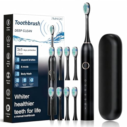 7MAGIC Sonic Electric Toothbrush, Rechargeable Power Toothbrush with 8 Brush Heads & Travel Case, 6 Modes, 40000 VPM Motor, 2 Minute Smart Timer, IPX7 Waterproof, 90 Days Battery Life