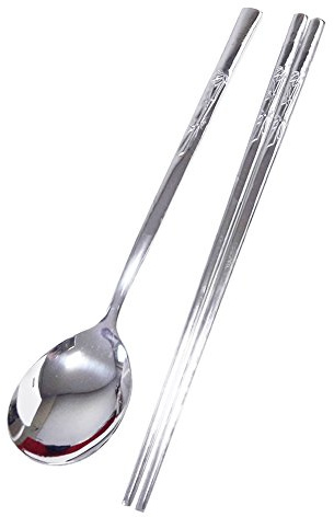 Set of 5 Korean Traditional Style Cutlery Bamboo Carved Stainless Steel Spoons and Chopsticks