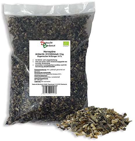 Saatzucht Bardowick Hornspäne Naturdünger 5 kg, 100% natürlicher Dünger mit 14% Stickstoff für Gemüse- und Ziergarten, Natürlicher Stickstoffdünger und Gartendünger mit Langzeitwirkung