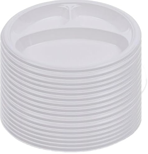 Tiger Chef Round 10 inch Plastic 3 Compartment Divided Plates, 200-Pack, White, Disposable Dinner Picnic Party Plates Set, BPA-Free