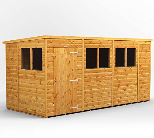 POWER High Grade Premium Pent Garden Wooden Shed with Security Features, Door & Window Flexibility, made from Extra Thick Timber & Toughened Glass - (14 x 6)