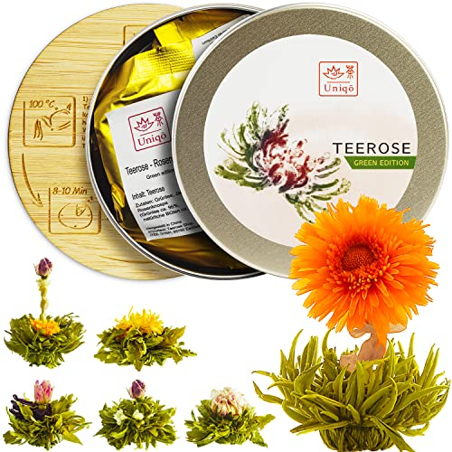 Teeblumen Geschenkset mit 6 Teerosen, Tee Set Geschenk für Frauen | Originelle Geschenkidee zu Weihnachten, Geburtstag oder jedem Anlass