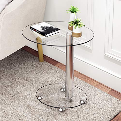 BELIWIN Small Side Table, Glass Sofa Side Table with Metal Frame, Modern C Shaped End Table for Living room and Small Spaces, Oval