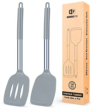Juego de 2 Espátulas de Silicona, Espátula Antiadherentes Resistente al Calor, Utensilios de Cocina para Servir, Freir, Cocinar Huevos, Peacado, Verduras, Steak, Tortitas（Gris）