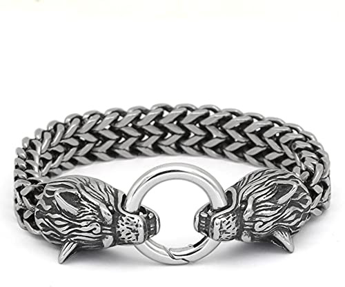 GuoShuang Nordic Viking Stainless Steel Wolf Bracelet Mesh Chain Gold Wolf Punk Bracelets Biker Jewelry (8.2)