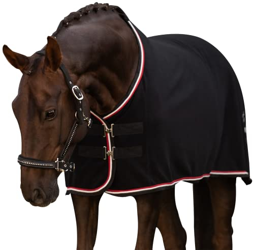 EQUILYX® Abschwitzdecke Pferd [perfekte Passform] Fleecedecke Stalldecke Transportdecke wärmend feuchtigkeitsabsorbierend atmungsaktiv (Schwarz, 165)