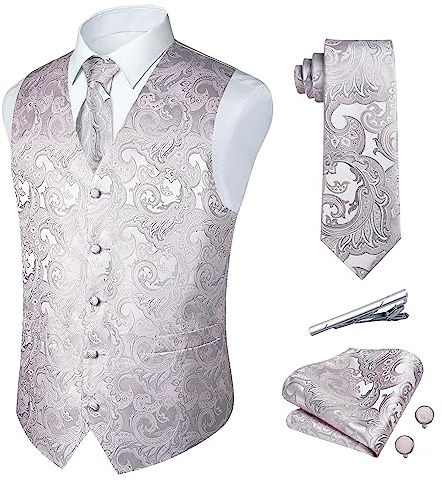Rithern Herren Weste Paisley Floral Jacquard Seide Krawatte Einstecktuch Taschentuch Set mit Manschettenknöpfen und Krawattenklammer Set für Hochzeitsfeier Anzug Weste Set Grau XXXL
