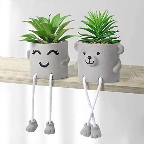 Dremisland Set of 2 Fake Plants with Cement Potted Artificial Plants Indoor Small Artificial Plants in Pots Mini Fake Succulent Plant Desk Plant Decor for Home Office Table Desk Living Room Shelves