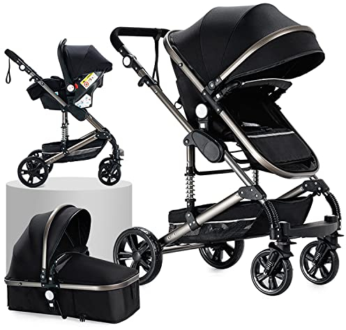 Prokoke Kinderwagen 3 in 1, Kinderwagen Set Einem Klick Faltbar, Kombikinderwagen 3 in 1 mit Umkehrbarem Zwei-Wege-Schub, Buggy Rahmen Aluminiumlegierung Baby Kleinkind Neugeborene (739 Black)