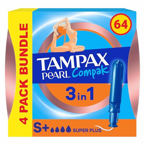Tampax Compak Pearl Tampons, Super Plus with Applicator, 64 Tampons (16 x 4 Packs), Leak Protection and Discretion