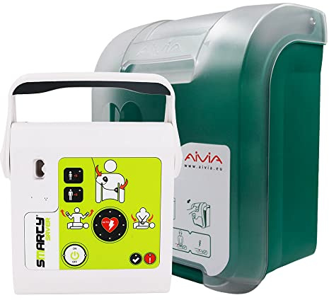 SET AED Defibrillator SMARTY SAVER, vollautom. Auslösung, Umschalter Erwachsene-Kinder, Kombi-Elektroden, ABS-Wandkasten und AED-Standortwinkel