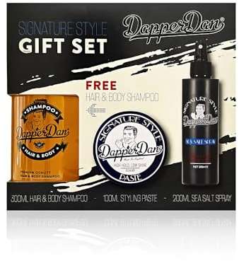 Dapper Dan Signature Style Coffret cadeau, Comprend la Pâte à tenue élevée et à faible brillance 100ml, le Spray Texturisant à l'eau de mer 200ml et le Shampoing pour Cheveux et Corps 300ml