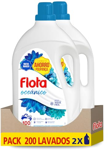 FLOTA | Detergente Líquido Quitamanchas incluso en Agua Fría para Lavadora | Ropa Blanca y de Color | Fragancia Oceánico | 2x100 Lavados | Formato Familiar
