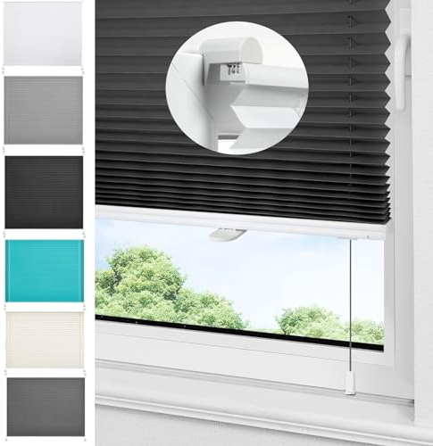 Plissee Ohne Bohren Verdunkelung 105 x 110 cm Verdunklungsplissee Lichtundurchlässig Jalousien Fenster Für Innen 2 Bedienschienen aus Aluminium für Fenster & Tür, Schwarz