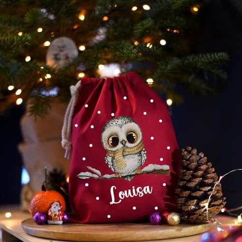Nikolausbeutel Nikolaussäckchen Nikolaussack Nikolaus Nikolausgeschenk Weihnachtssäckchen Stiefel personalisiert mit Namen und Eule Eulen Eulchen Motiv nkb5 - ausgewählte Farbe: *Rot*