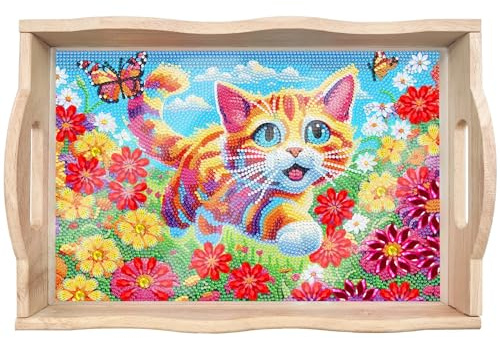 CXINLky Bandeja para servir DIY Diamond Painting, bandeja de desayuno con asas, pintura de diamantes, bandeja de madera, bandeja de cocina, bandeja de pintura de diamantes, 11 gatitos
